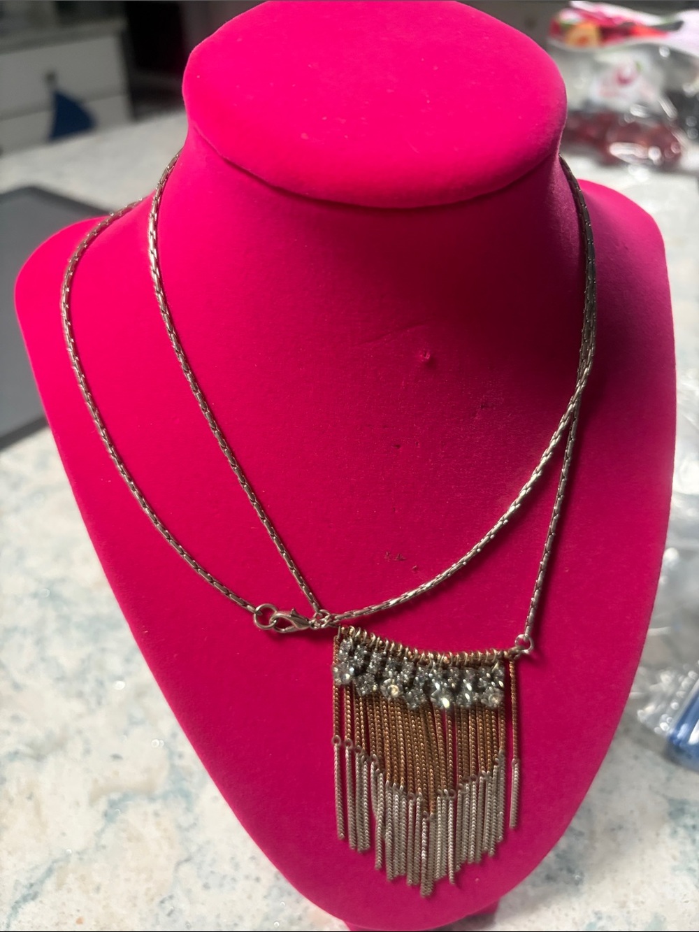 Hand Crafted Gold Fringe Necklace with Clear Stones